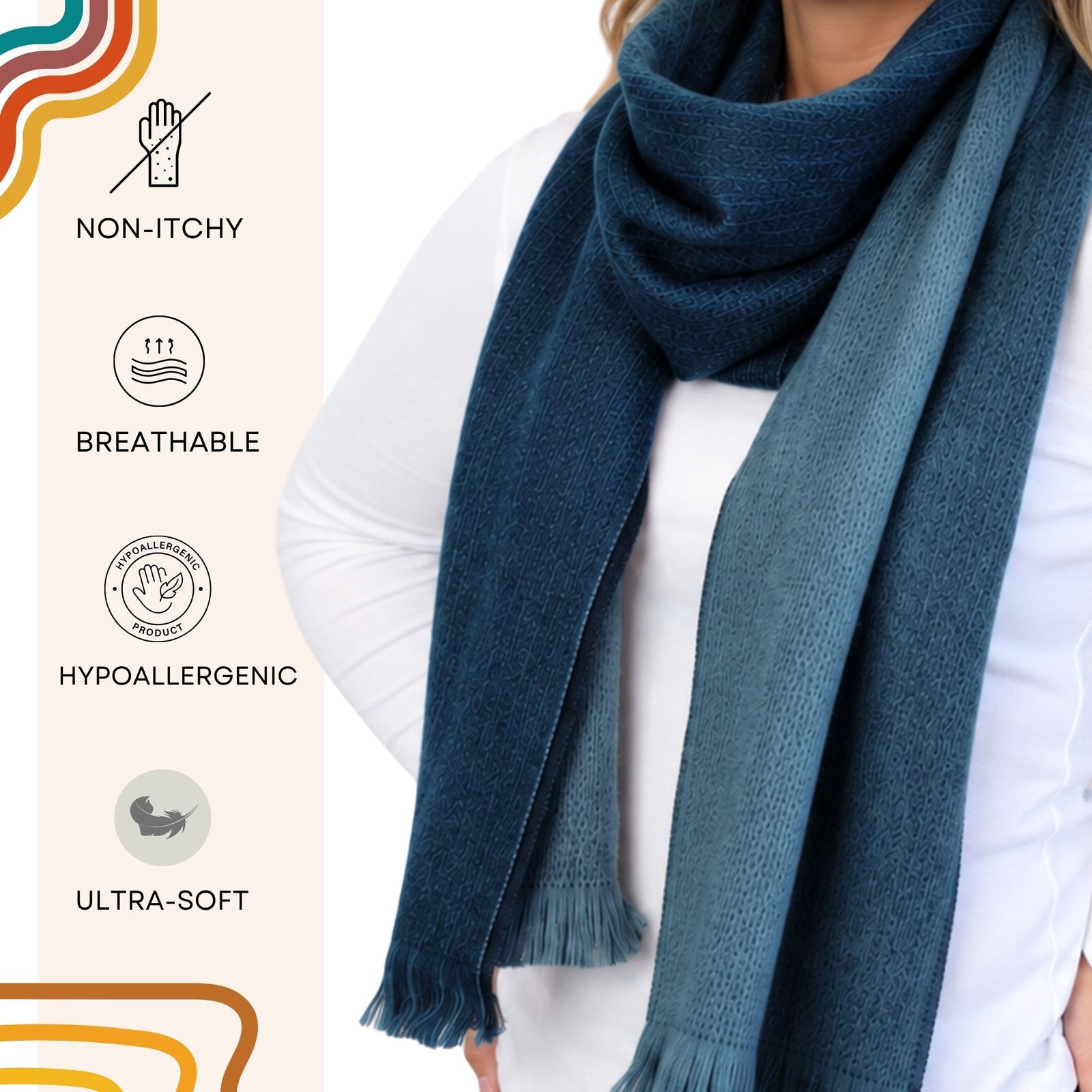 Blue Reversible Alpaca Wool Scarf - Luna