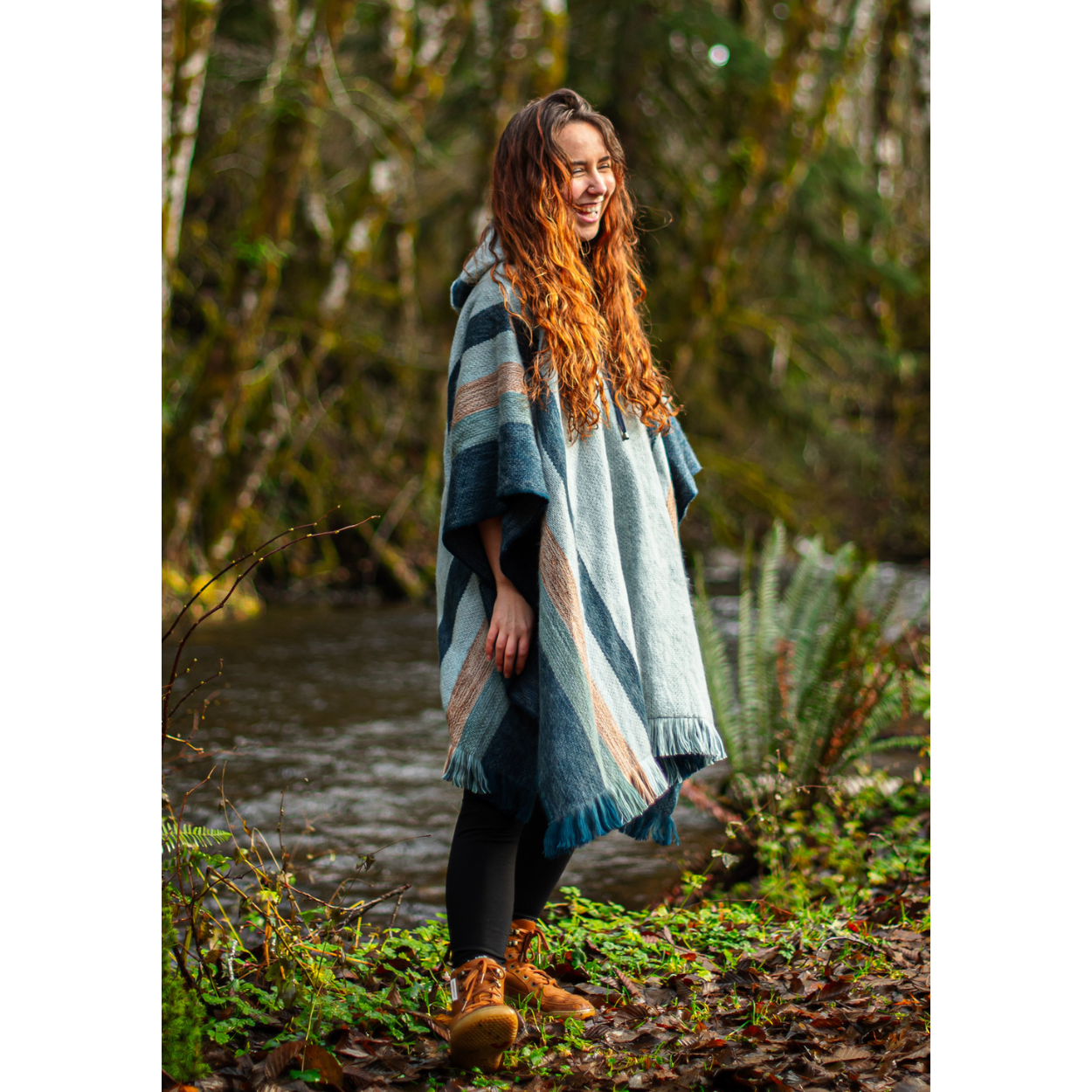 Light Blue Striped - 100% Andean Wool Poncho