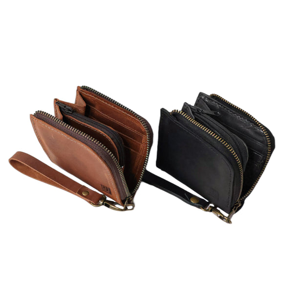 Men's Large Zip Around Wallet - Genuine Oiled Cowhide Leather, Dark Brown, Durable & Functional