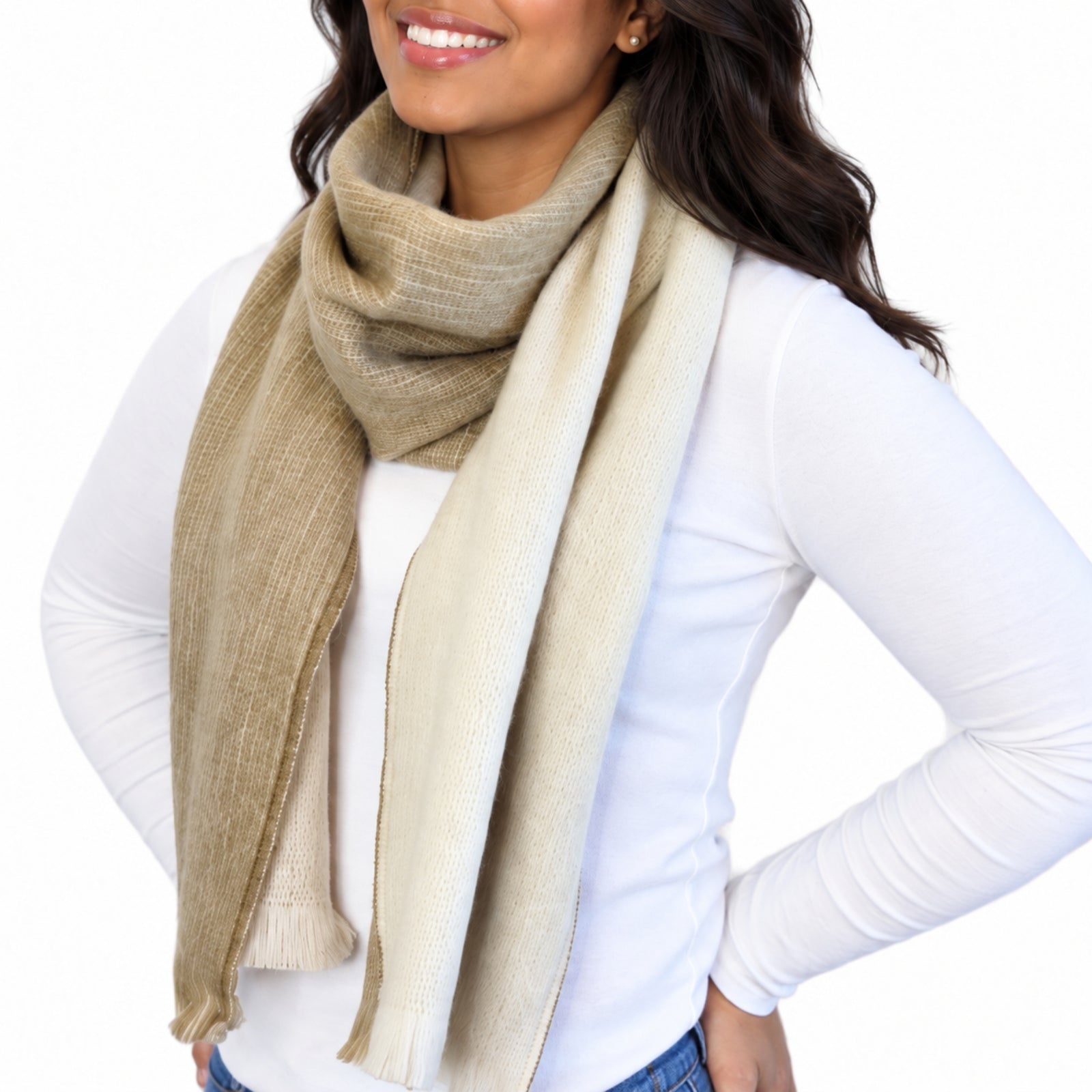 Beige Reversible Alpaca Wool Scarf - Fatima