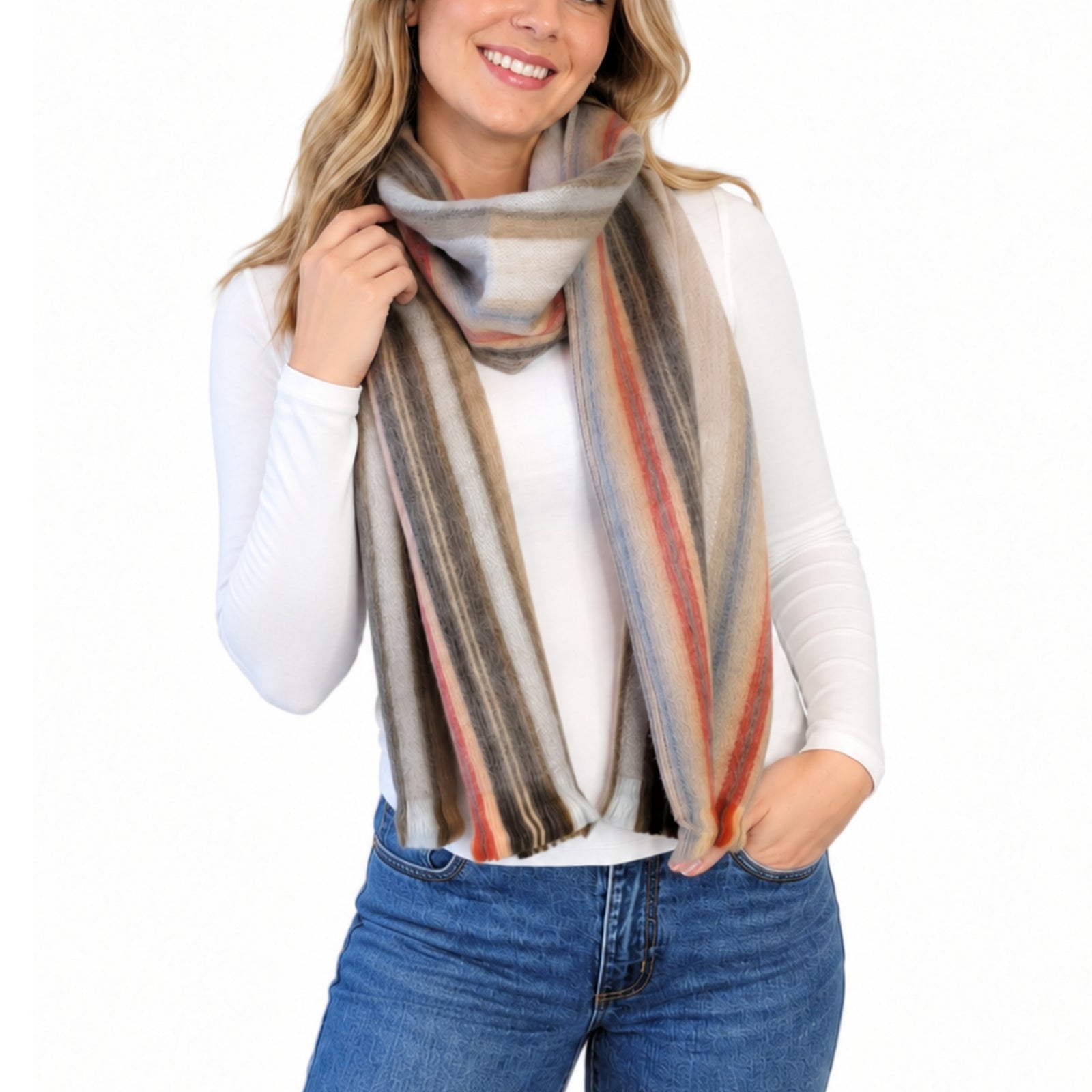 Beige Striped Alpaca Wool Scarf - Claudia