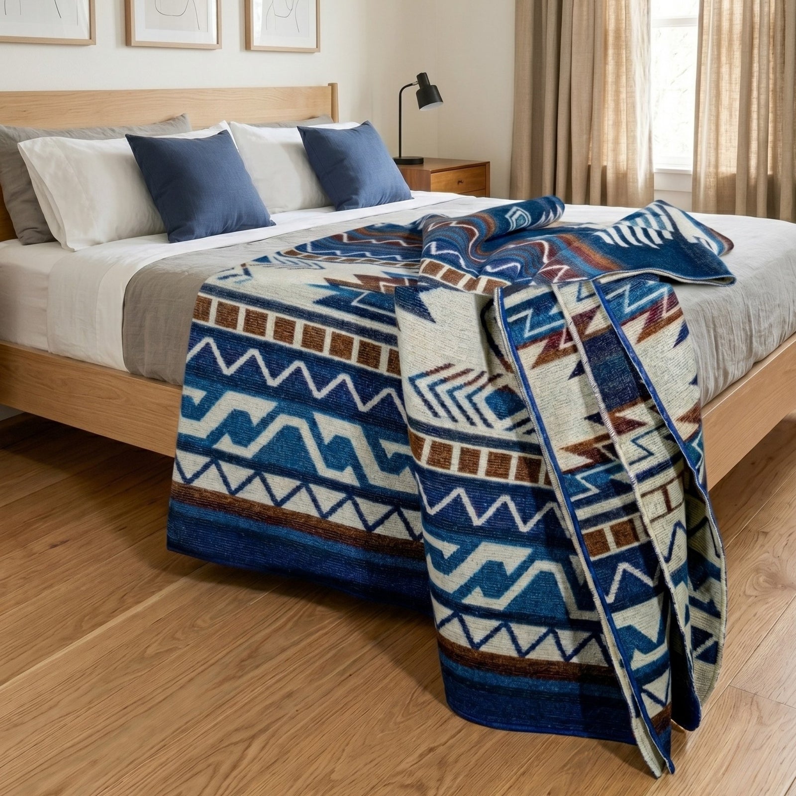 Blue Alpaca Wool Blanket Native Design - Cedar