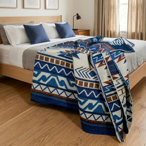 Blue Alpaca Wool Blanket Native Design - Cedar
