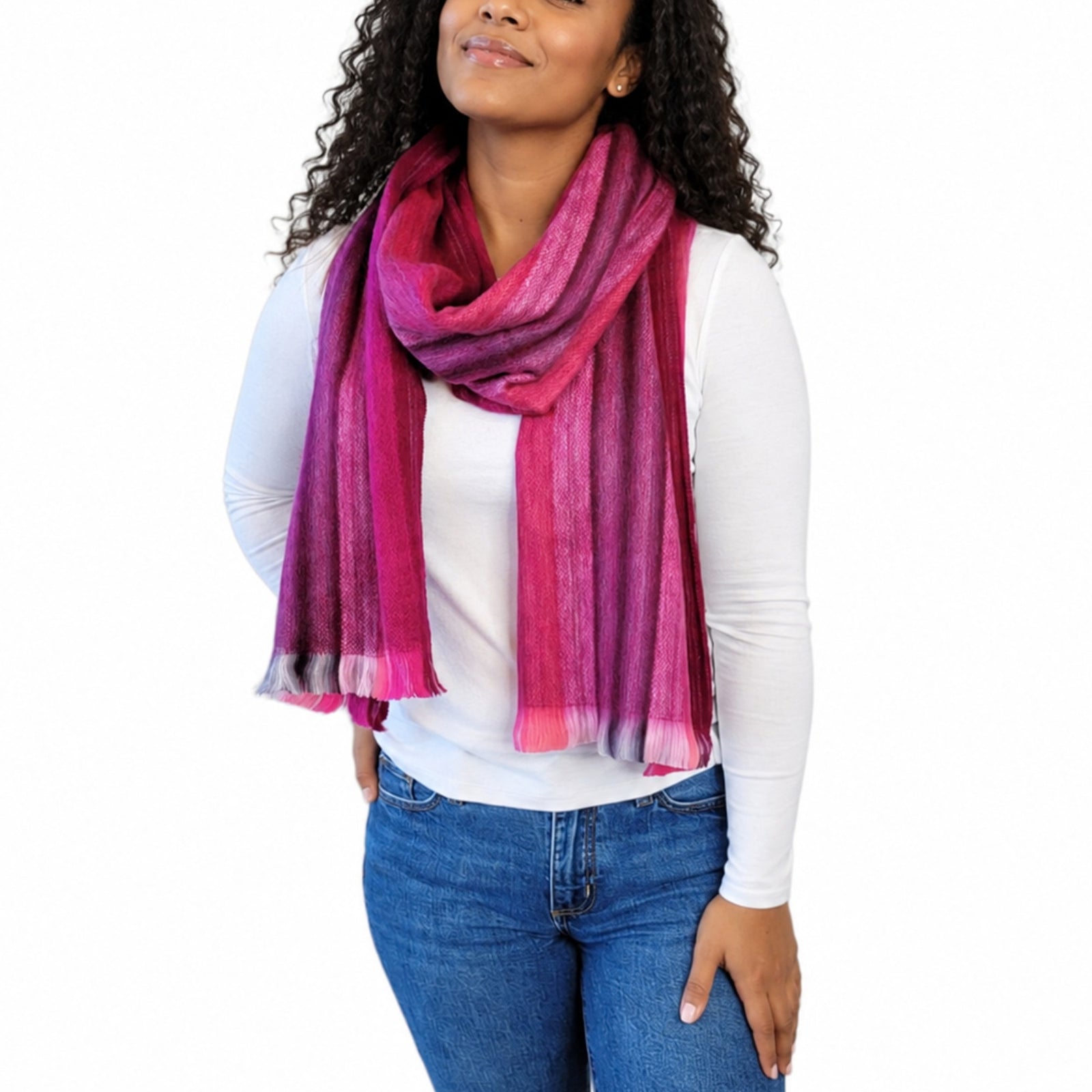Pink Alpaca Wool Striped Scarf - Anita