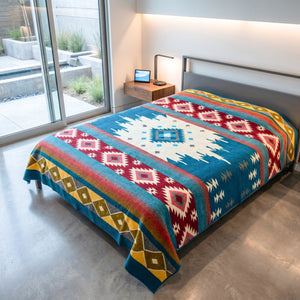 Turquoise Alpaca Wool Throw Blanket Native Design - Cotacachi